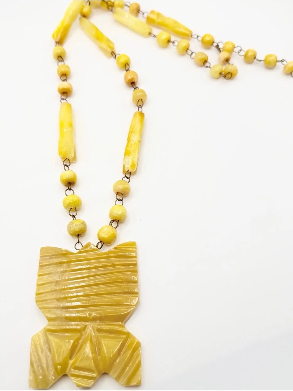 Vintage Carved Yellow Stone Statement Necklace - Geometric Artisan Pendant